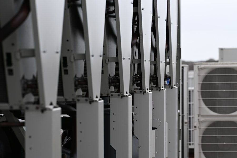 Rooftop HVAC chillers on a commercial building