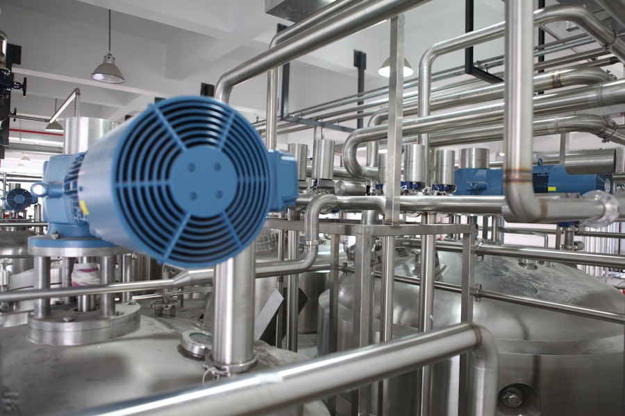Stainless steel pumps, tanks, and piping in a mechanical plant room