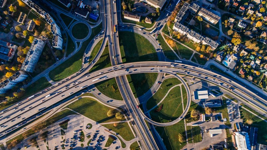 Aerial view of a municipal highway interchange and overpasses